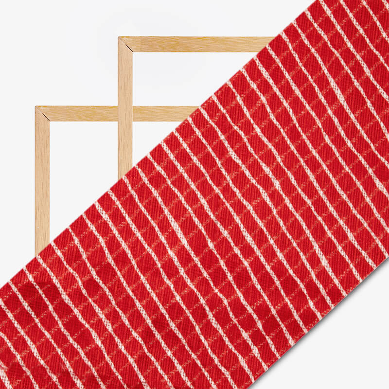 Red And White Leheriya Pattern Screen Print Kota Doria Fabric - Fabcurate