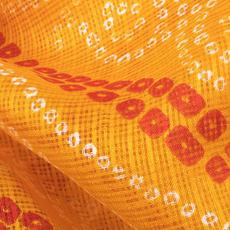 Merigold Yellow And Red Bandhani Pattern Screen Print Kota Doria Fabric - Fabcurate