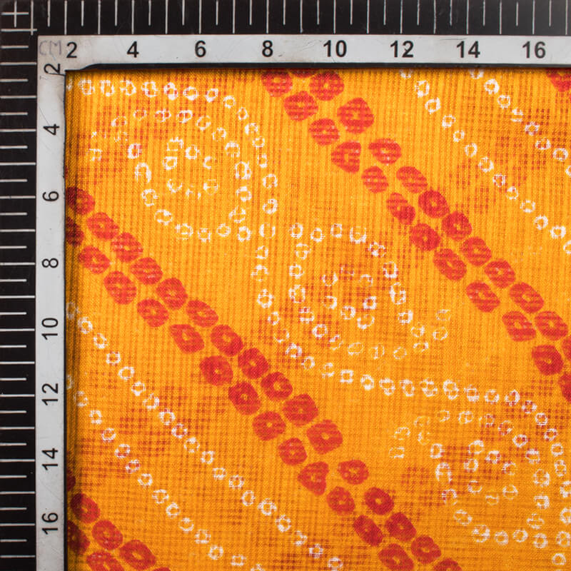 Merigold Yellow And Red Bandhani Pattern Screen Print Kota Doria Fabric - Fabcurate