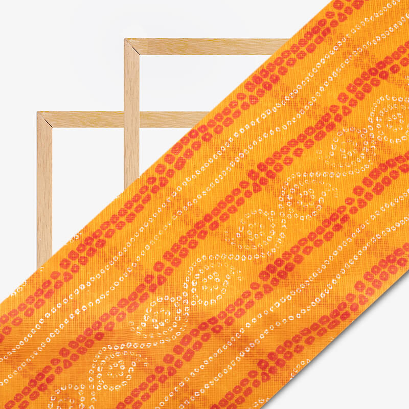 Merigold Yellow And Red Bandhani Pattern Screen Print Kota Doria Fabric - Fabcurate