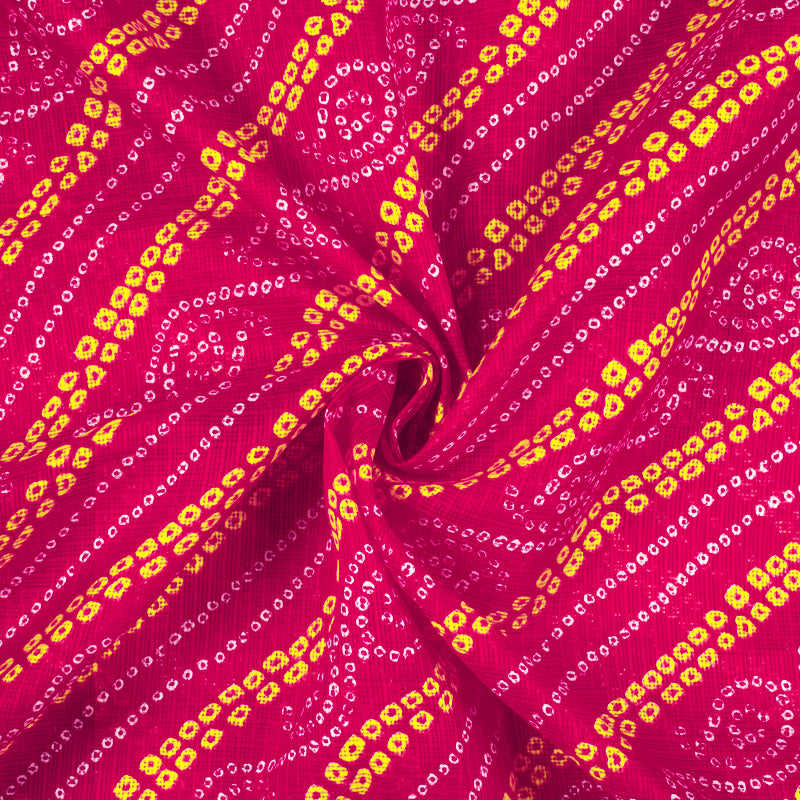Dark Pink And Yellow Bandhani Pattern Screen Print Kota Doria Fabric - Fabcurate