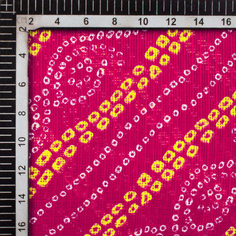 Dark Pink And Yellow Bandhani Pattern Screen Print Kota Doria Fabric - Fabcurate