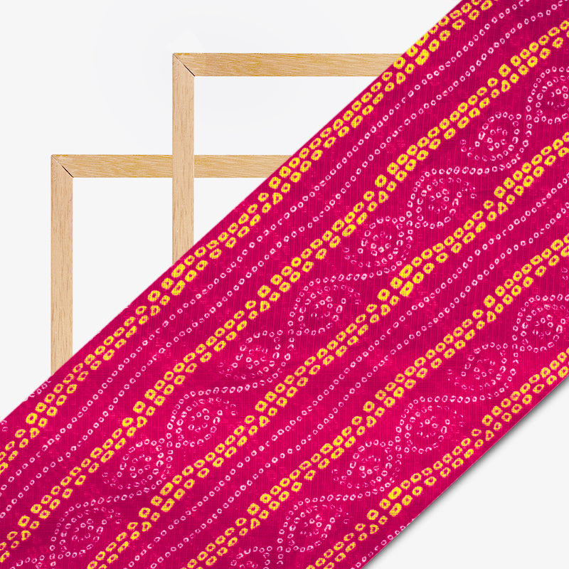 Dark Pink And Yellow Bandhani Pattern Screen Print Kota Doria Fabric - Fabcurate