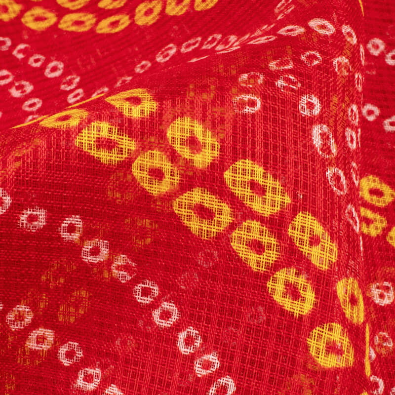 Red And Yellow Bandhani Pattern Screen Print Kota Doria Fabric - Fabcurate