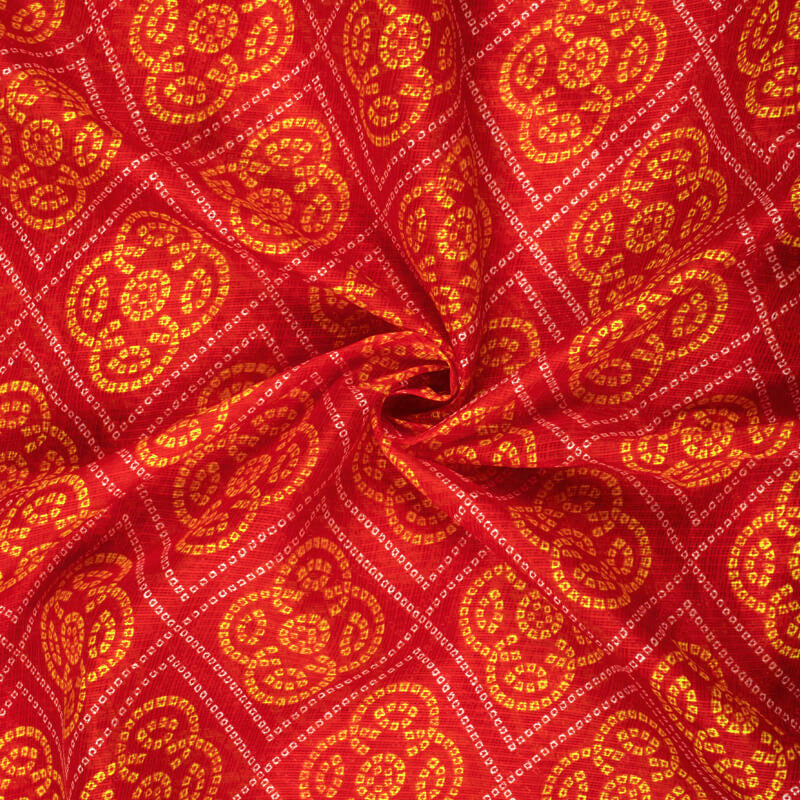 Red And Yellow Bandhani Pattern Screen Print Kota Doria Fabric - Fabcurate