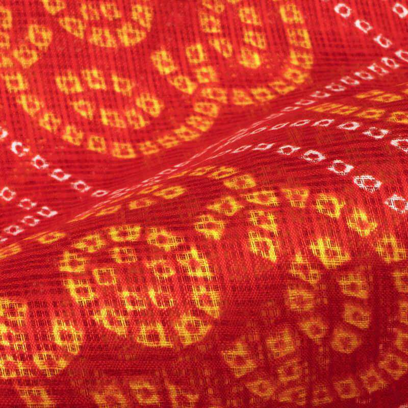 Red And Yellow Bandhani Pattern Screen Print Kota Doria Fabric - Fabcurate