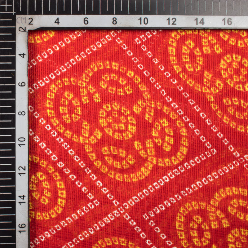 Red And Yellow Bandhani Pattern Screen Print Kota Doria Fabric - Fabcurate