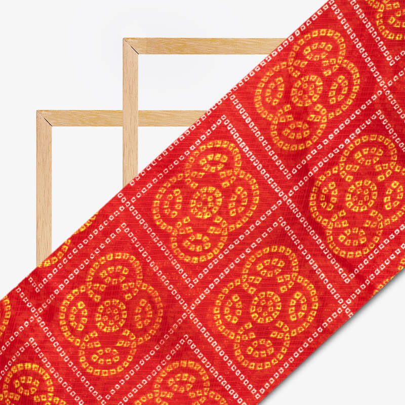 Red And Yellow Bandhani Pattern Screen Print Kota Doria Fabric - Fabcurate