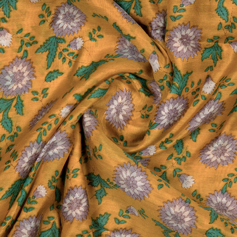 Mustard Floral Pattern Viscose Muslin Fabric - Fabcurate