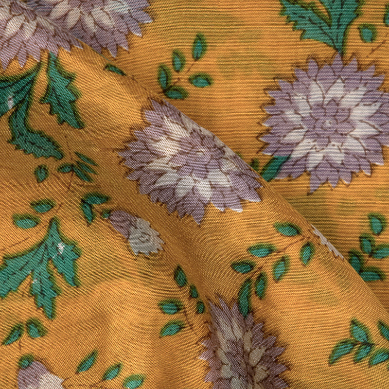 Mustard Floral Pattern Viscose Muslin Fabric - Fabcurate