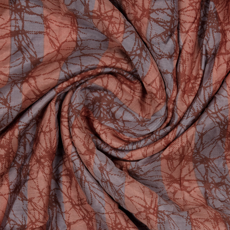 Light Grey And Peach Abstract Pattern Viscose Muslin Fabric - Fabcurate