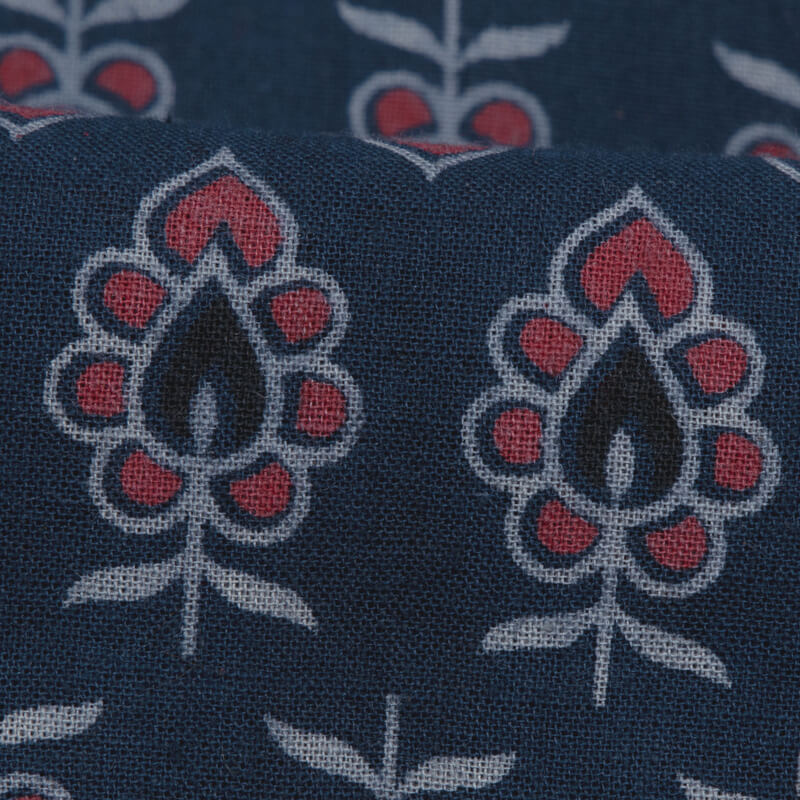 Navy Blue Floral Booti Pattern Ajrakh Screen Print Natural Dye Cotton Fabric - Fabcurate