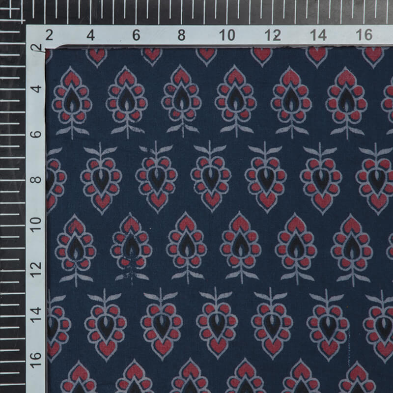 Navy Blue Floral Booti Pattern Ajrakh Screen Print Natural Dye Cotton Fabric - Fabcurate
