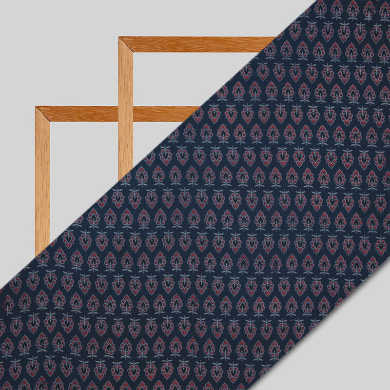 Navy Blue Floral Booti Pattern Ajrakh Screen Print Natural Dye Cotton Fabric - Fabcurate