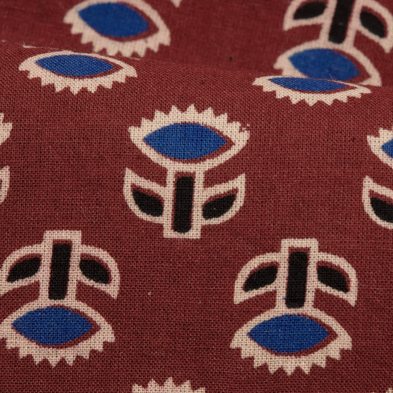 Maroon Floral Booti Pattern Ajrakh Screen Print Natural Dye Cotton Fabric