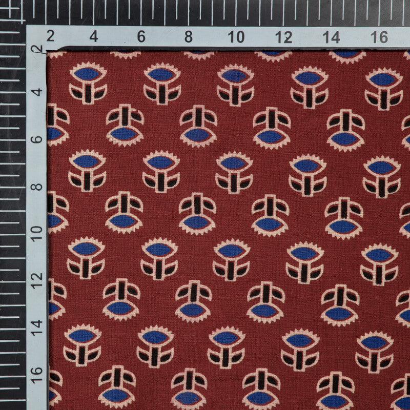 Maroon Floral Booti Pattern Ajrakh Screen Print Natural Dye Cotton Fabric