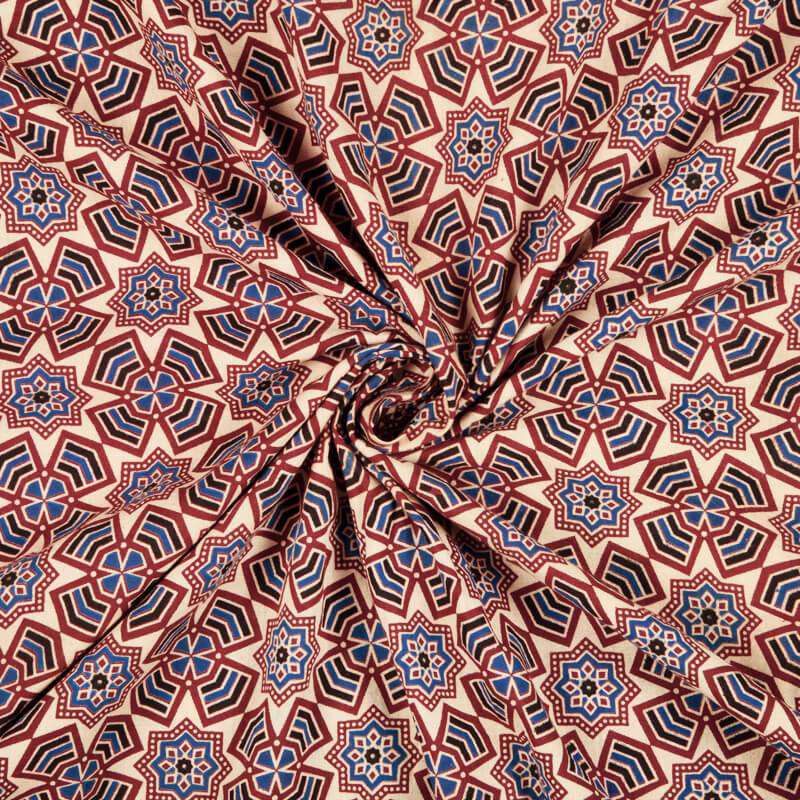 Beige And Maroon Geometric Pattern Ajrakh Screen Print Natural Dye Cotton Fabric - Fabcurate