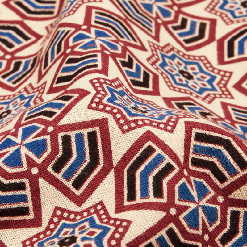 Beige And Maroon Geometric Pattern Ajrakh Screen Print Natural Dye Cotton Fabric - Fabcurate