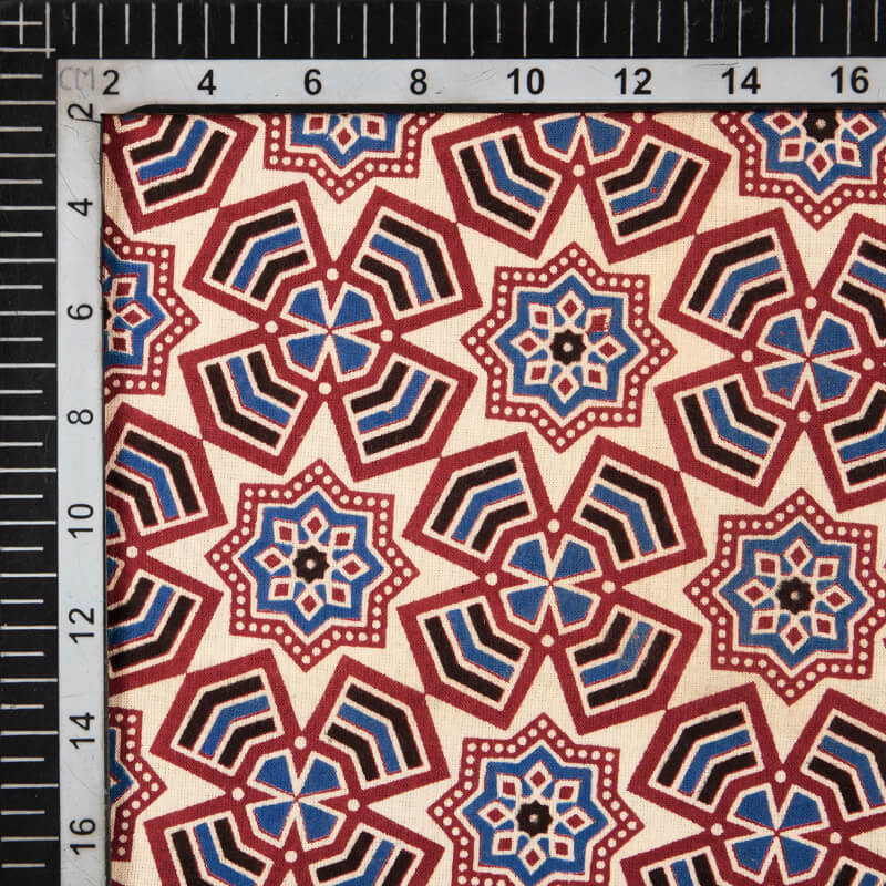 Beige And Maroon Geometric Pattern Ajrakh Screen Print Natural Dye Cotton Fabric - Fabcurate