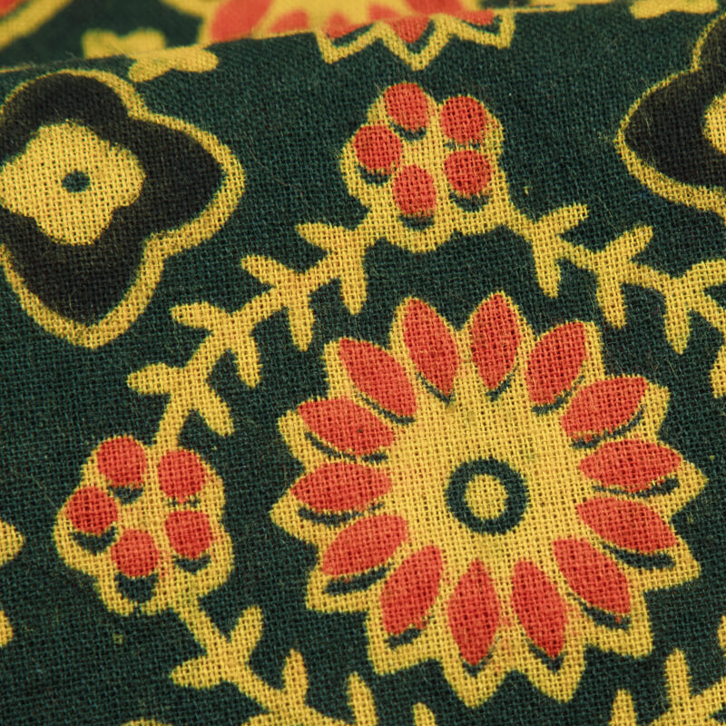 Green And Yellow Traditional Pattern Ajrakh Screen Print Natural Dye Cotton Fabric - Fabcurate