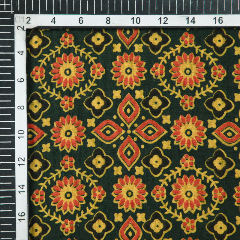 Green And Yellow Traditional Pattern Ajrakh Screen Print Natural Dye Cotton Fabric - Fabcurate