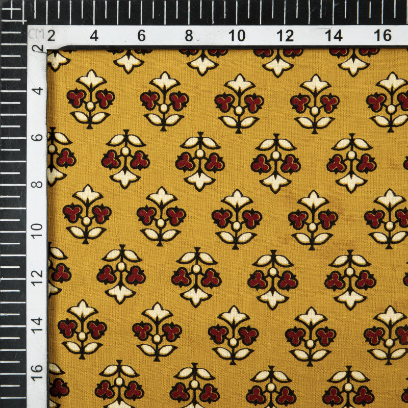 Yellow And Maroon Floral Booti Pattern Ajrakh Screen Print Natural Dye Cotton Fabric - Fabcurate