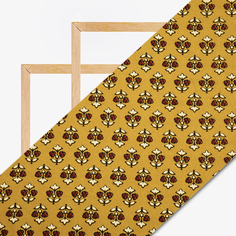 Yellow And Maroon Floral Booti Pattern Ajrakh Screen Print Natural Dye Cotton Fabric - Fabcurate