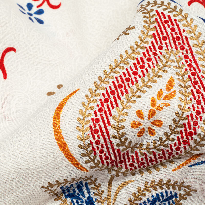 White And Blue Khari Screen Print Cotton Fabric - Fabcurate