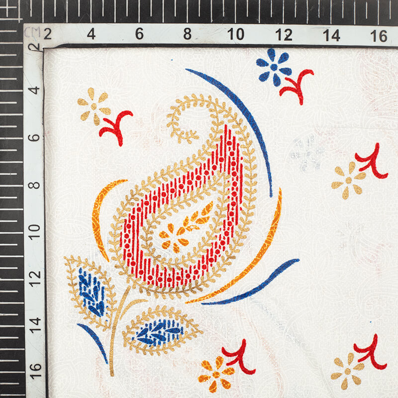 White And Blue Khari Screen Print Cotton Fabric - Fabcurate