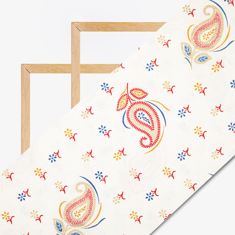 White And Blue Khari Screen Print Cotton Fabric - Fabcurate