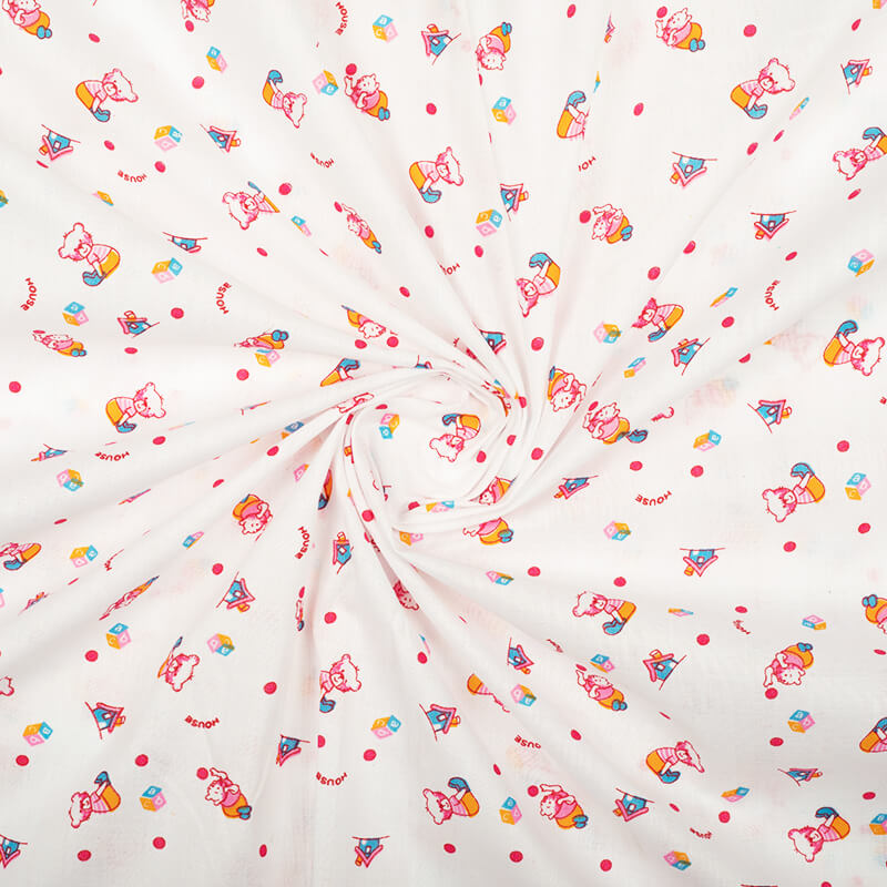 White And Pink Kids Pattern Cotton Fabric - Fabcurate
