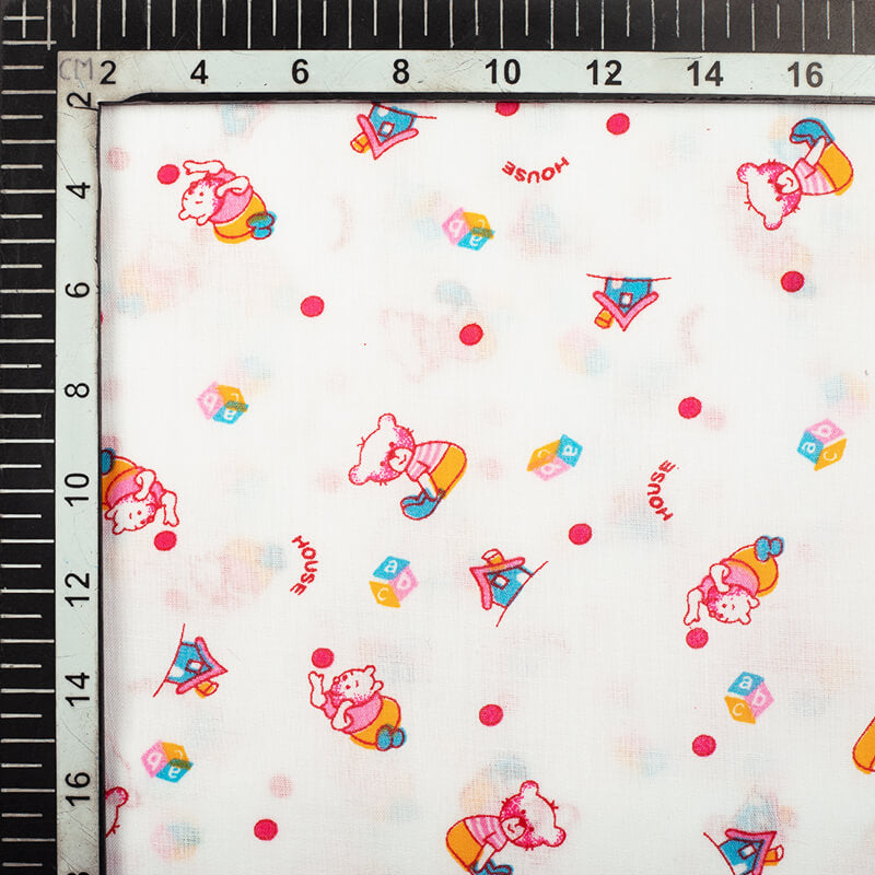 White And Pink Kids Pattern Cotton Fabric - Fabcurate
