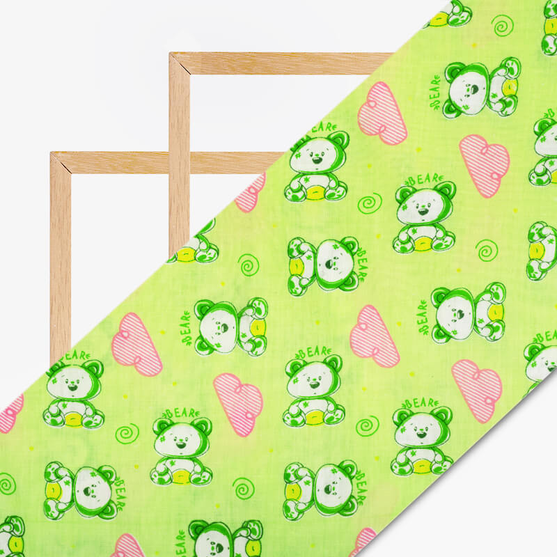 Parrot Green And Pink Kids Pattern Cotton Fabric - Fabcurate