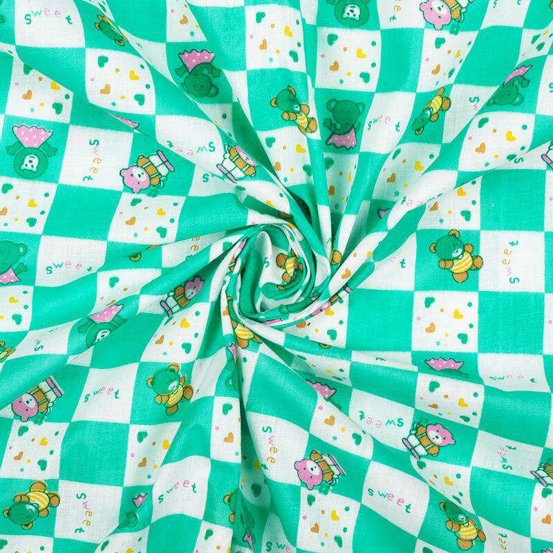 White And Light Green Checks Pattern Kids Pattern Cotton Fabric - Fabcurate