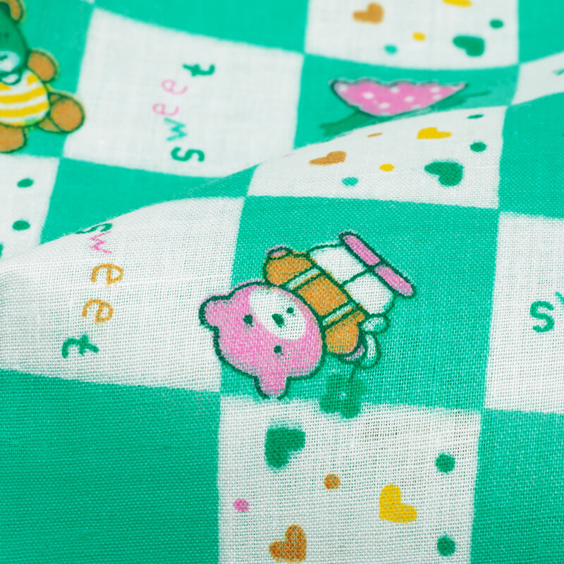 White And Light Green Checks Pattern Kids Pattern Cotton Fabric - Fabcurate