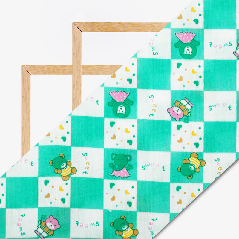 White And Light Green Checks Pattern Kids Pattern Cotton Fabric - Fabcurate