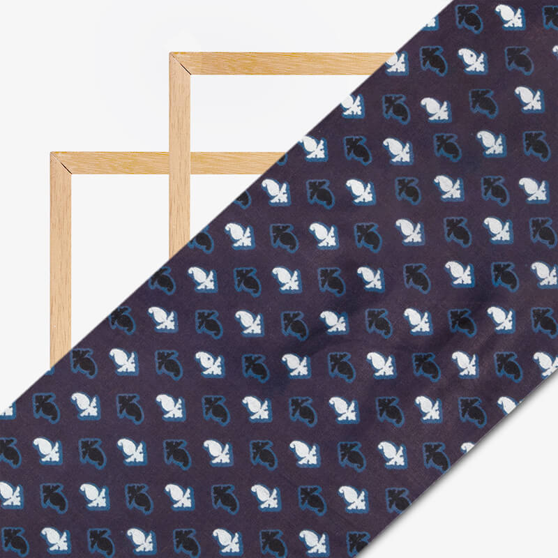 Navy Blue And Black Paisley Pattern Screen Print Cotton Fabric - Fabcurate