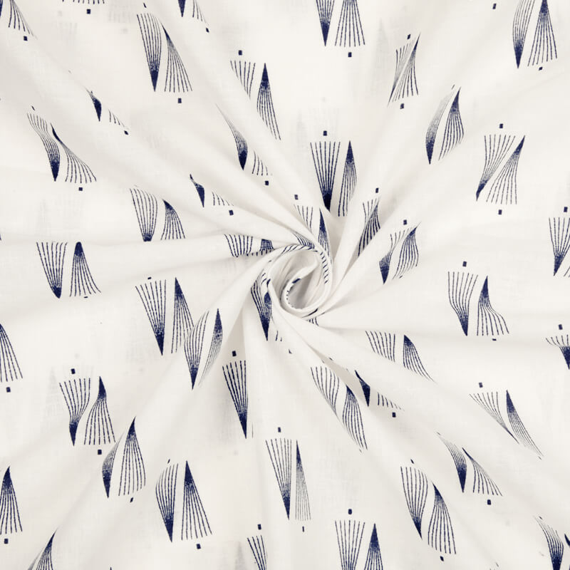 White And Navy Blue Geometric Pattern Screen Print Cotton Slub Fabric - Fabcurate