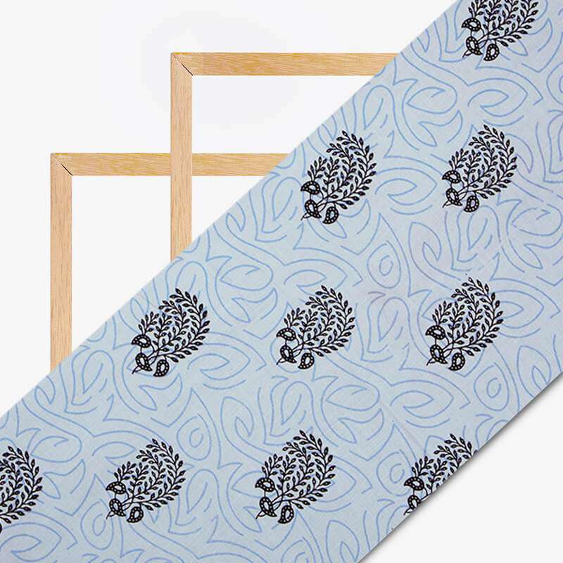 Grey And Black Mughal Floral Pattern Screen Print Cotton Slub Fabric - Fabcurate