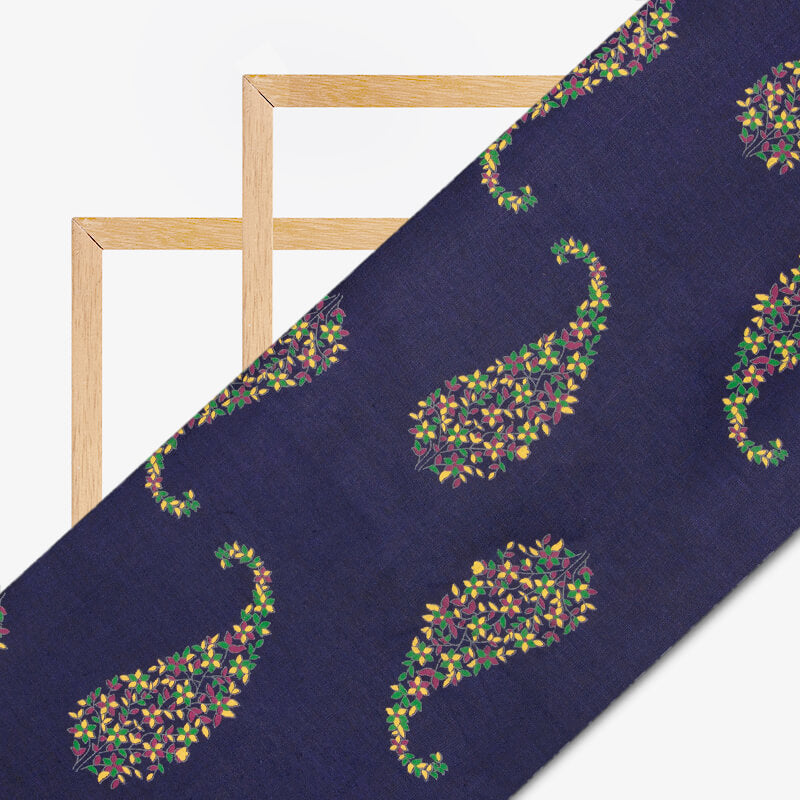 Berry Blue Paisley Pattern Screen Print Cotton Slub Fabric - Fabcurate