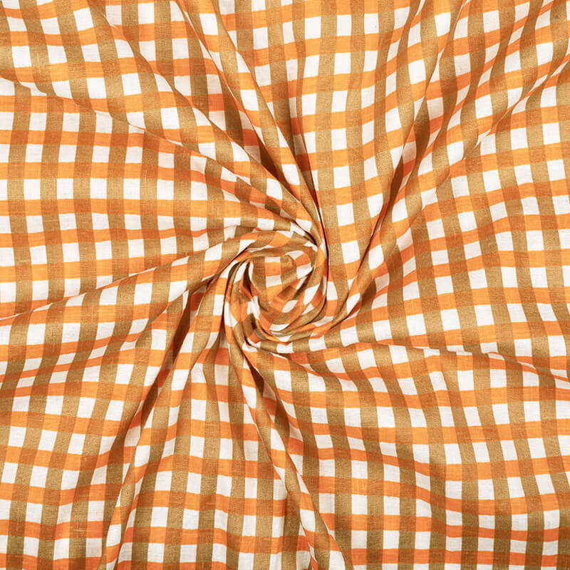 White And Royal Orange Checks Pattern Screen Print Cotton Slub Fabric - Fabcurate