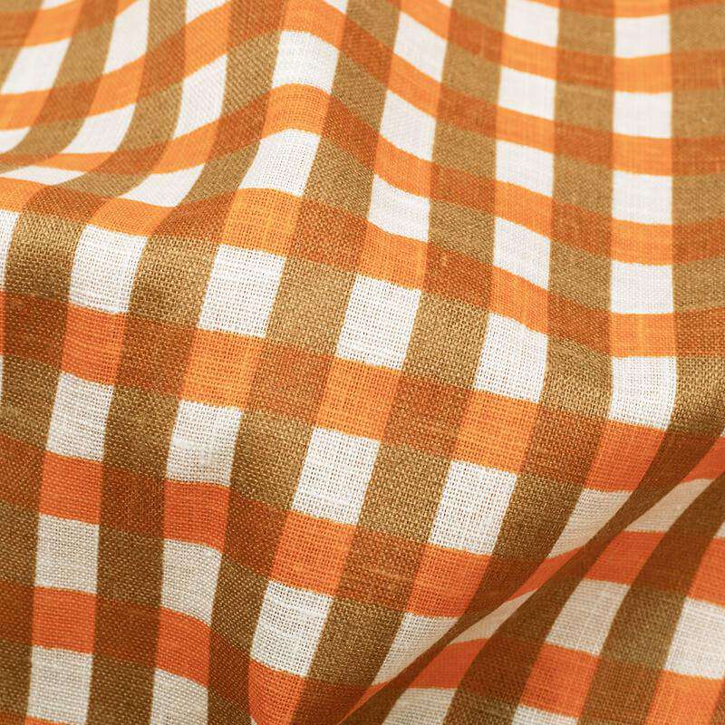 White And Royal Orange Checks Pattern Screen Print Cotton Slub Fabric - Fabcurate