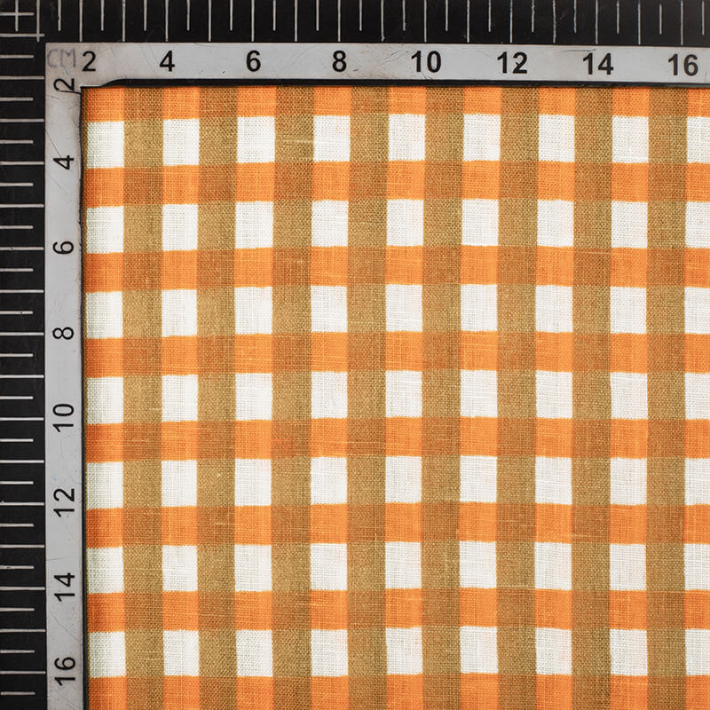 White And Royal Orange Checks Pattern Screen Print Cotton Slub Fabric - Fabcurate