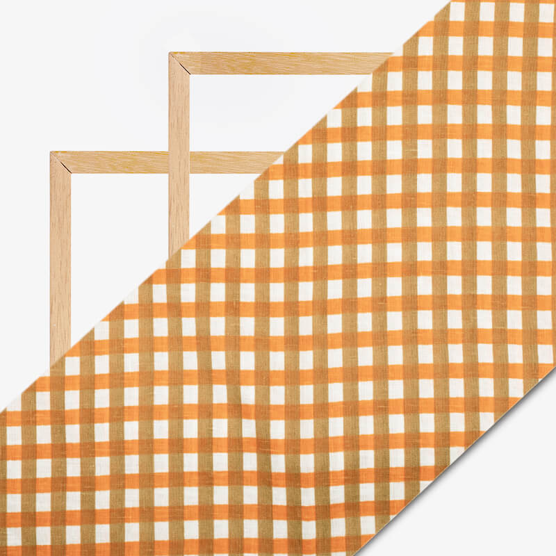 White And Royal Orange Checks Pattern Screen Print Cotton Slub Fabric - Fabcurate