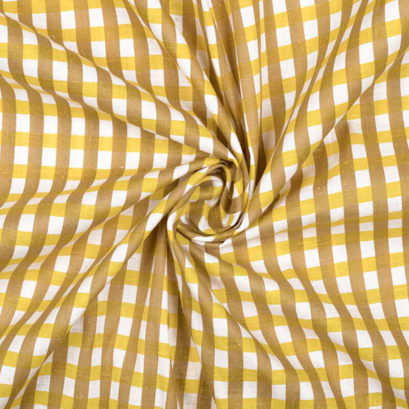 White And Yellow Checks Pattern Screen Print Cotton Slub Fabric - Fabcurate