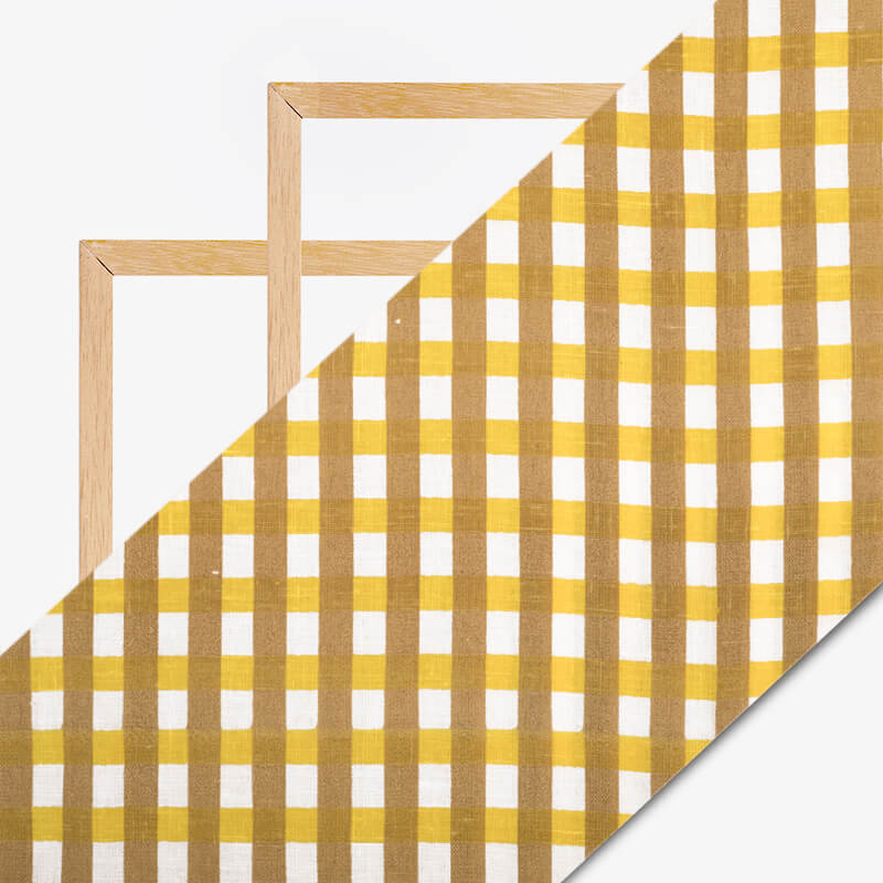 White And Yellow Checks Pattern Screen Print Cotton Slub Fabric - Fabcurate