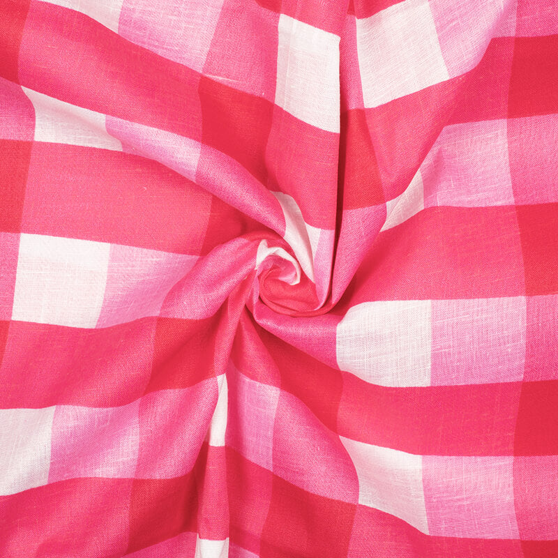 White And Dark Pink Checks Pattern Screen Print Cotton Slub Fabric - Fabcurate