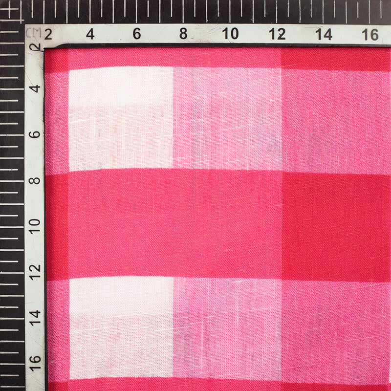 White And Dark Pink Checks Pattern Screen Print Cotton Slub Fabric - Fabcurate