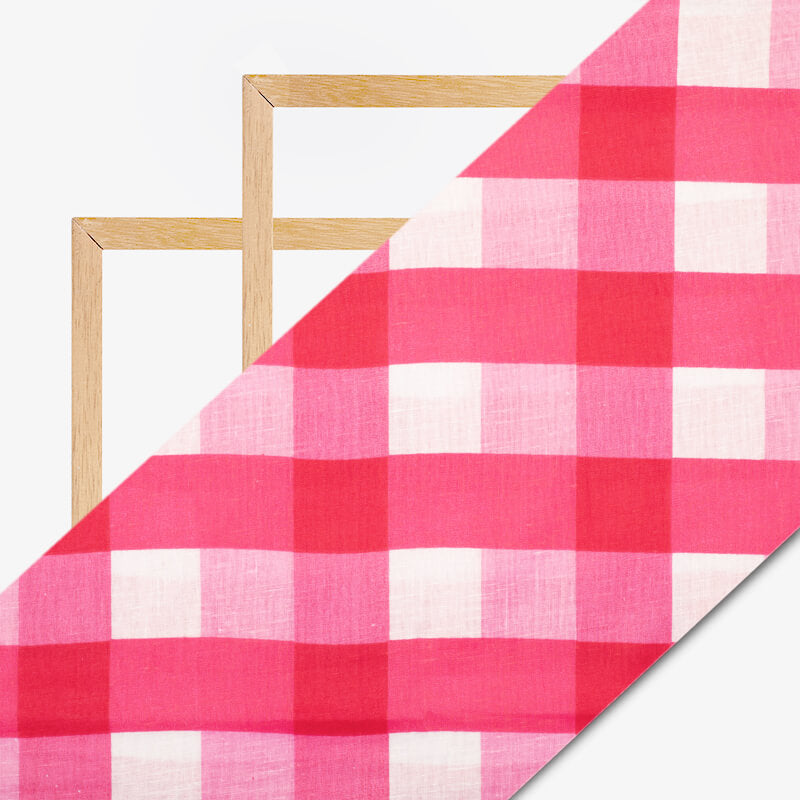 White And Dark Pink Checks Pattern Screen Print Cotton Slub Fabric - Fabcurate