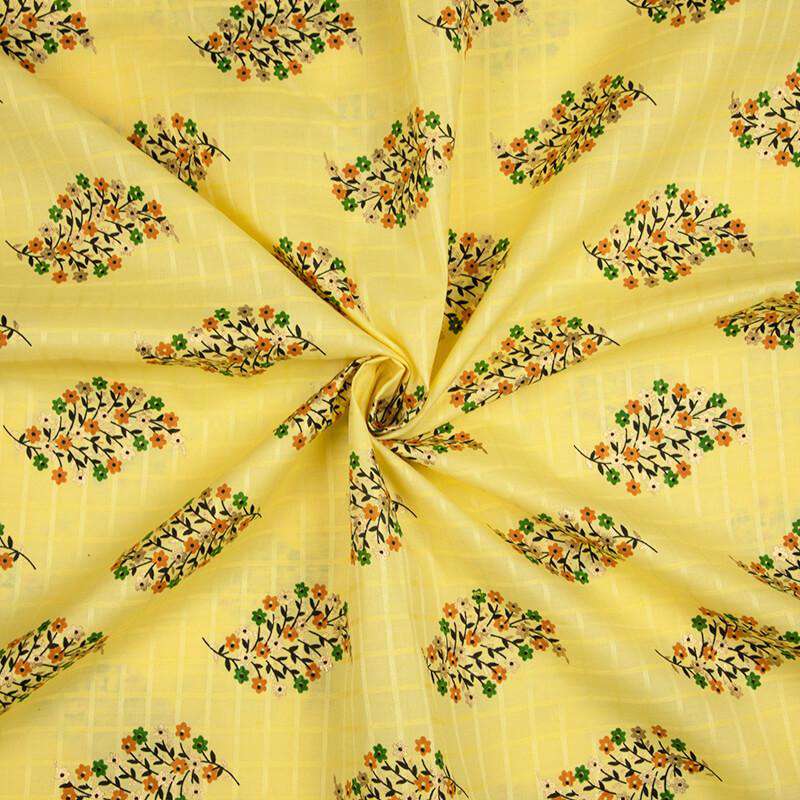 Pastel Yellow Mughal Floral Pattern Foil Screen Print Dobby Cotton Fabric - Fabcurate